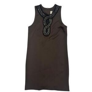 Brown Sleeveless Embellished Dress 🤎 Beaded Statement Neckline ☀️ Size S